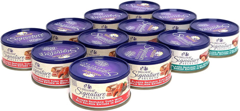 Wellness Natural Grain Free Signature Selects Flaked Wet Cat Food Variety Pack Box, 2 Flavors (Wild Salmon & Shrimp),
