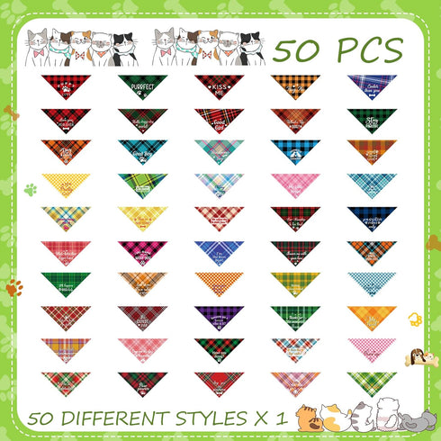 50 Pcs Plaid Dog Bandanas Bulk Cute Dog Scarf Bibs Puppy Pet Bandanas with Captions Adjustable Cat Outfit Washable