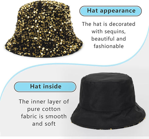 Womens Sequin Bucket Hat, Shiny Glitter Sun Hats for Party, Girls Teens Travel Cap