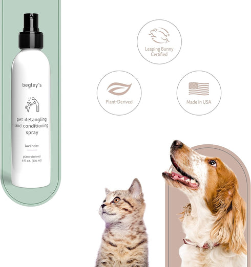 Begley's Natural Pet Detangling Spray - 8 oz Lavender Leave-in Conditioner for Dogs, Puppies & Cats - Dematting Spray