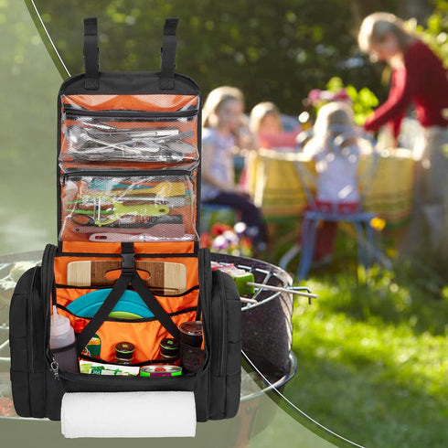HODRANT Large Tactical Camping Kitchen Organizer, Hanging Cookware Storage Bag with Paper Towel Holder & Multi Pockets