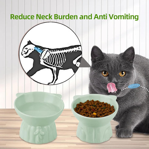 Elevated Ceramic Cat Bowls, 2Pc Extra Wide Raised Shallow Food and Water Dish, Whisker Friendly, Anti Vomit, Microwave