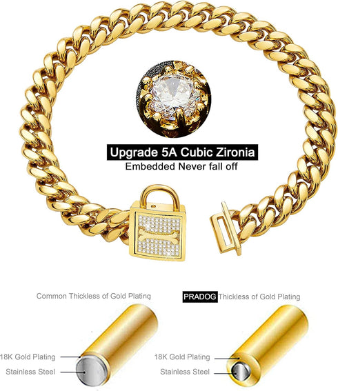 Chain Dog Collar with Zirconia Locking, 12mm 18K Gold Cuban Link Chain, Stainless Steel Luxury Dog Bling Necklace