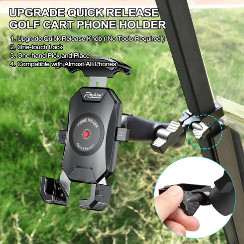 Roykaw Golf Cart Phone Mount Holder for EZGO/Club Car/Yamaha, Quick Release & One-Touch Lock, Fits iPhone