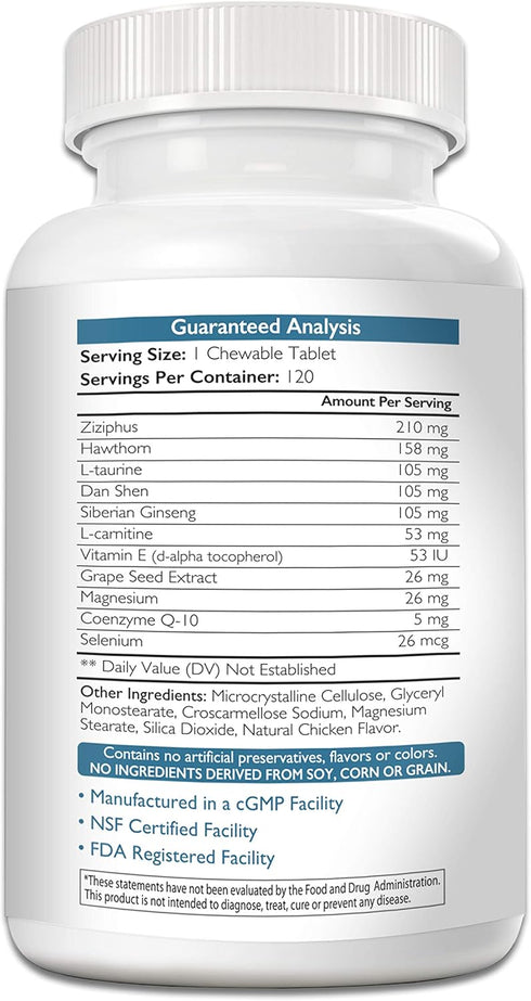 Cardio Support for Dogs with L-Carnitine, L-Taurine, Coenzyme Q10, Vitamin E, 120 Chewable Tablets