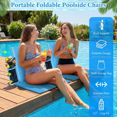 esgwork 2 Pack Portable Poolside Chairs, Foldable Legless Beach Chairs for Adults with Cup Pocket, Lightweight Ground