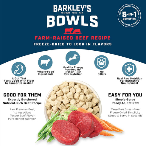 16 Oz Barkleys Bowls, Freeze-Dried Raw Beef Dog Food, Fresh Whole Food Ingredients with Farm-Raised Beef, Grain Free