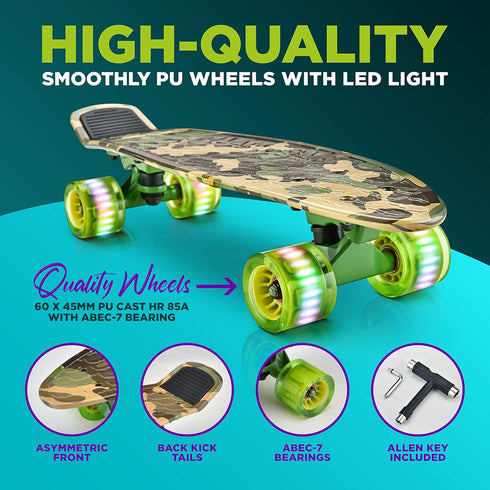 Hurtle Standard Mini Cruiser Skateboard - 6'' PP Deck, Complete Double Kick Board with LED Light Wheels