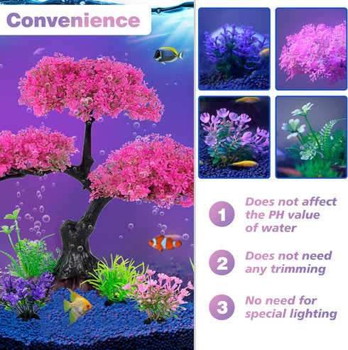 Ameliade Pink Cherry Blossom Tree & Grass Aquarium Decor Set, Artificial Plastic Plants for Goldfish Betta Fish Tank