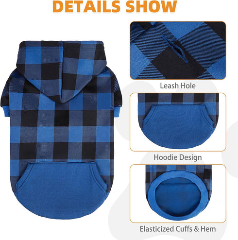 KOOLTAIL Plaid Dog Hoodie Pet Clothes Sweater with Hat and Pocket for Small Medium Large Dogs, Soft Winter Coat, Blue