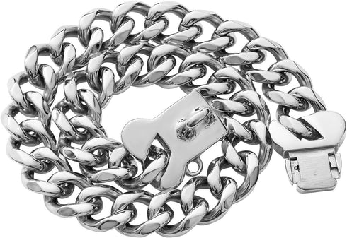 Heavy Duty Stainless Steel Cuban Silver Link Dog Collar for Small Medium Large Dogs, Personalized Dog Tag, CZ Luxury