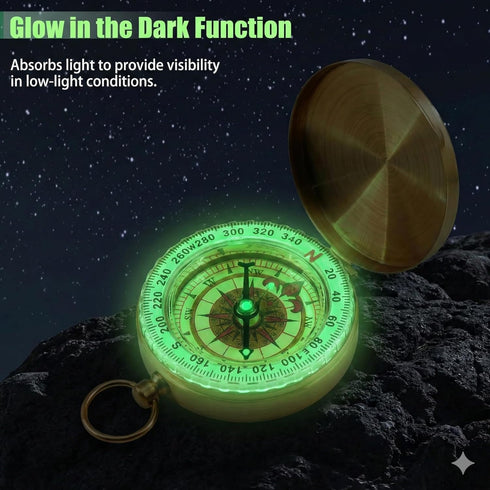NeoLum Brass Pocket Compass with Luminous Dial, Golden Vintage Pocket Watch Style Compass, Sports Waterproof Navigation