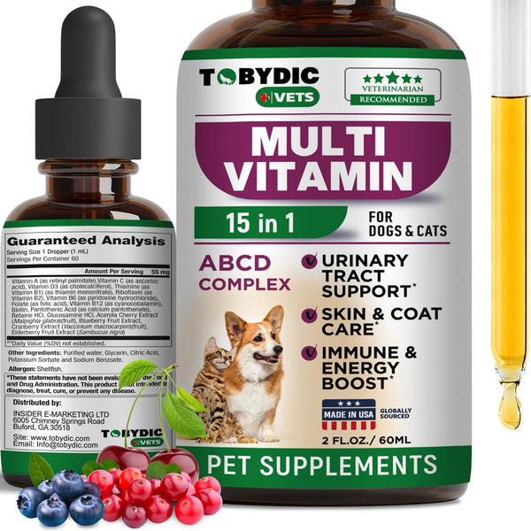 Cat & Dog Multivitamin - 15 in 1 Pet Supplements with Cranberry & Glucosamine, Natural UTI & Joint Support