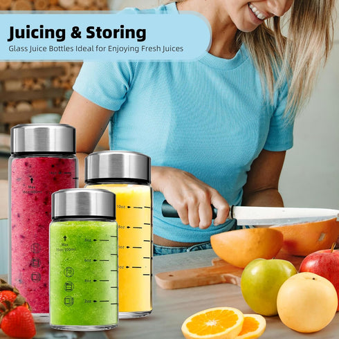 4 Pack 16 oz Glass Juice Bottles - Wide Mouth Glass Water Bottles with Lids - Borosilicate,Stainless Steel Lids