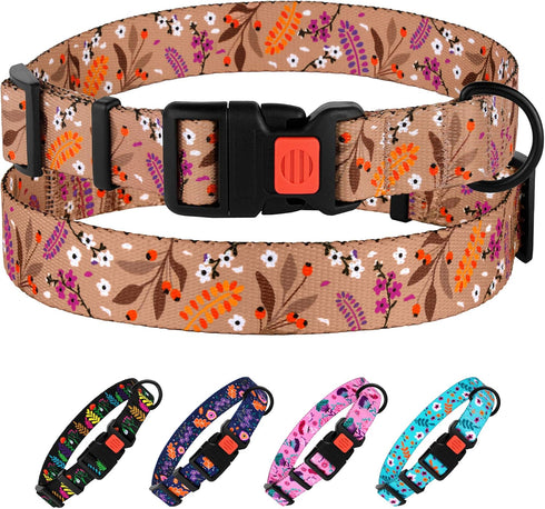Nylon Dog Collar, Floral Pattern, Toffee, 10-13 inch
