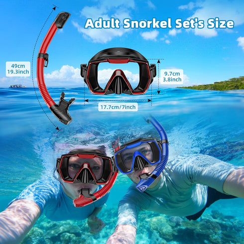 Snorkel Set for Adults, Anti-Leak and Anti-Fog Tempered Glass Lens Snorkeling Gear
