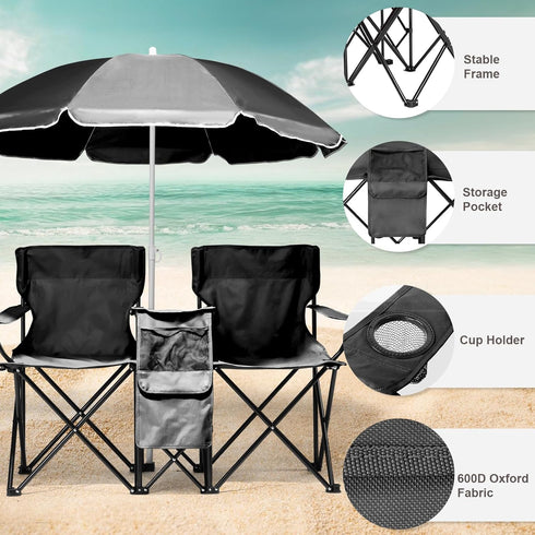 UDeuxff Folding Double Camping Chair w/Umbrella Beverage Holder Carrying Bag Cooler Fold Up Table, Large Bearing
