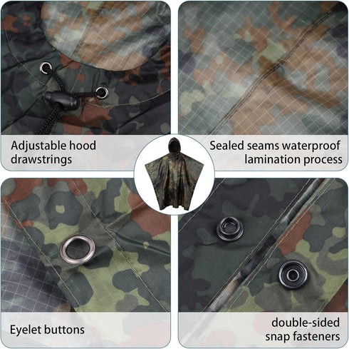 GRVCN Military Rain Poncho - Camouflage Lightweight Waterproof Raincoat for Outdoor Use