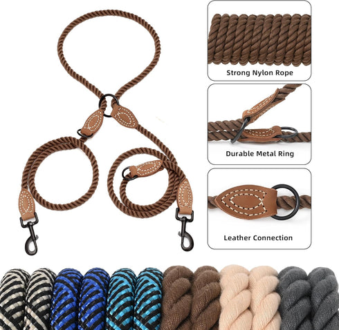 Mile High Life Double Dogs Rope Leash, Dog Slip Lead, 8FT Heavy Duty Metal Clasp, Mountain Climbing Rope with Leather