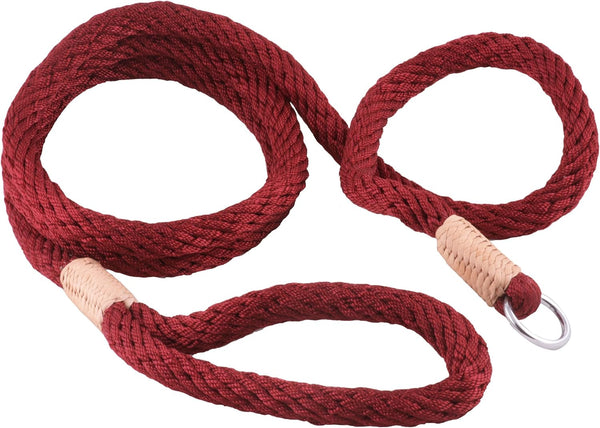 Alvalley Nylon Slip Leashes with Braided Leather - Adjustable Pet Lead for Dogs - Soft, Smooth Leash for Training & Walking - Durable, Strong Rope (Burgundy, 6ft Long, 13mm Thick)