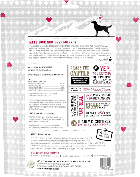 5ct I and love and you Ear Candy Cow Ear Chews - Beef - Rawhide Alternative, Single Ingredient, Free Range Grass Fed