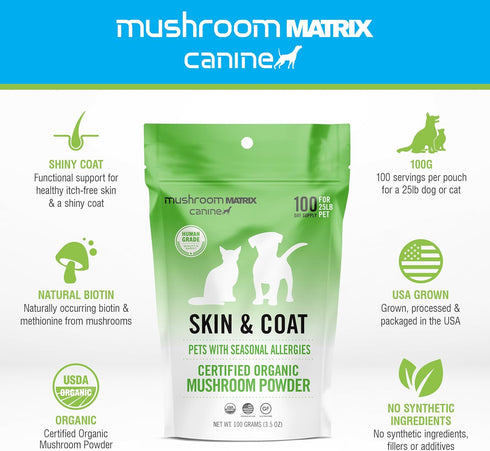 Om Mushroom Matrix Pet - Canine | Organic Mushroom Powder Supplement for Skin & Coat Support for Dogs & Cats