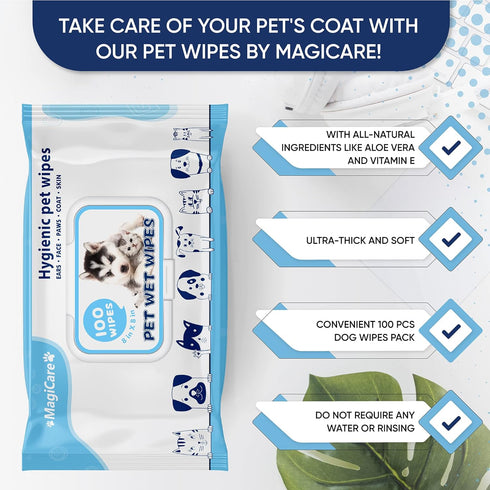 MAGICARE Pet Wipes – 100 pcs Unscented Dog Wipes, 8x8 Inch Paw Cleaner for Body, Ears, Face, and Skin.