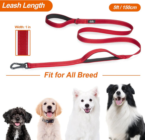 TwoEar 5FT 1IN Strong Red Dog Leash with 2 Padded Handles, Traffic Handle for Extra Control, Reflective Walking Lead.