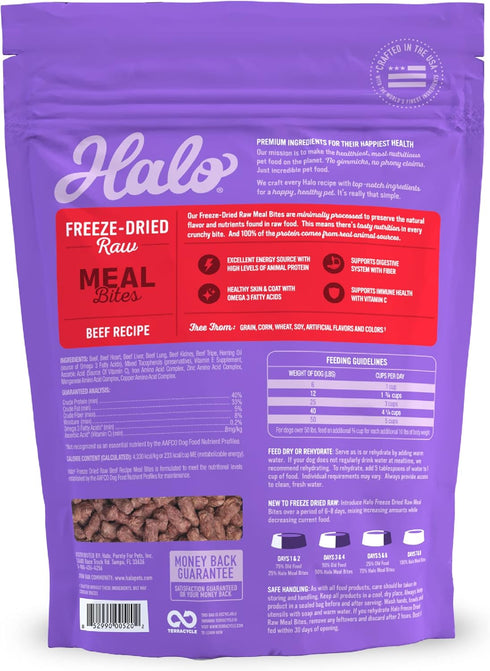 Halo Meal Bites Freeze Dried Raw Dog Food, Beef Recipe, Real Meat, Adult Recipe, 14-OZ Bag