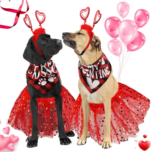 6 Pcs Valentine's Day Dog Costume Set, Including 2 Pcs Red Heart Headband, 2 Pcs Buffalo Plaid Bandana