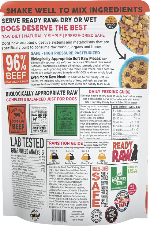 96% Nature's Diet Ready Raw Freeze-Dried Raw Dog Food, Beef, Human Grade, High Pressure Pasteurized (HPP), Meat, Organ