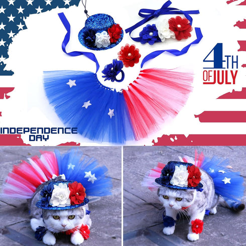 4PCS Pet Independence Day Costume 4th of July Dog Tulle Dress Collar Flowers Decorate Top Hat Necklace, Leg Bands Cute Tutu Skirt USA Patriotic Outfit for Medium Large Dogs
