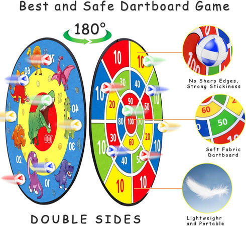 TOMYOU 26" Dart Board for Kids with 16 Sticky Balls, Double Sided Dinosaur Dart Board, Indoor Outdoor