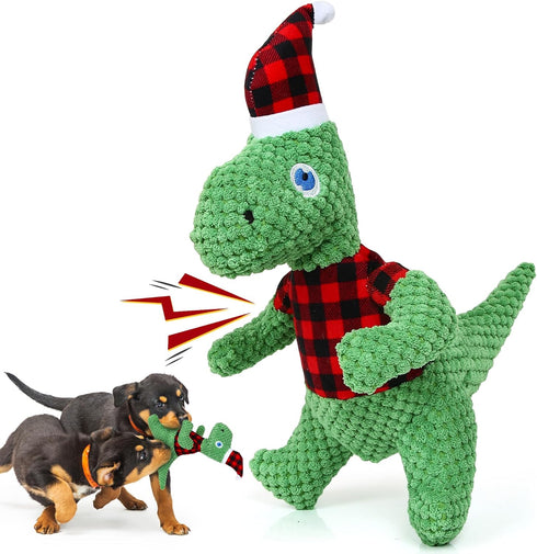 DULZILUZID Christmas Dog Toys, Plush Stuffed Green Dinosaur Animals Toy, Squeaky Dog for