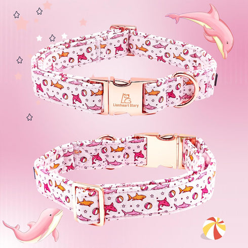 Lionheart Glory Dog Collar, Pink Shark Print, Adjustable Durable Collar for Medium Dogs, Male or Female Spring Summer