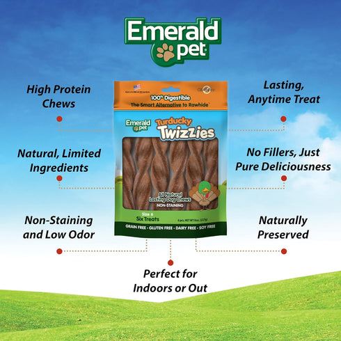 Emerald Pet Twizzies Rawhide Free 100% Digestible Natural Dog Chew Treats, Made in USA Size 6, Turducky