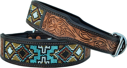 Western Style Genuine Leather Beaded Dog Collar Hand Tooled and Padded 10AB018