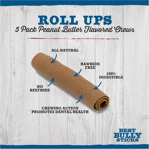 Best Bully Sticks Roll Ups, All-Natural Peanut Butter Flavor Dog Chew, 7 Inch, 4-Pack for Small Breeds