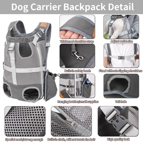 Dog Carrier Backpack - Legs Out Front Facing Carrier for Small Medium Dogs, Adjustable Hands-Free Backpack for Hiking