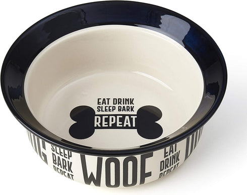 PetRageous Eat Drink Repeat Two-Tone Stoneware Dog Bowl, 4-Cup Capacity, Dishwasher Safe, Off-White.