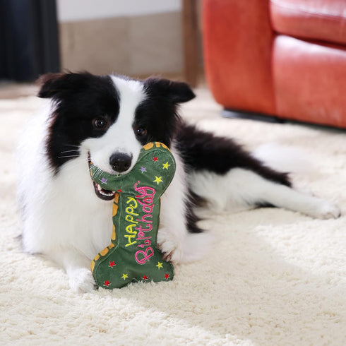 Dog Birthday Toys - Soft Cotton Filled Squeaky Bone Shape Cake for Small, Medium, and Large Breeds