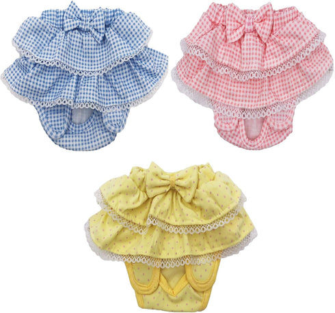 Dog Skirt Diaper for Female Cats - Sanitary Pant Dress Ruffles Cotton (Medium: Waist 8" - 10", Pack of 3 Colors)