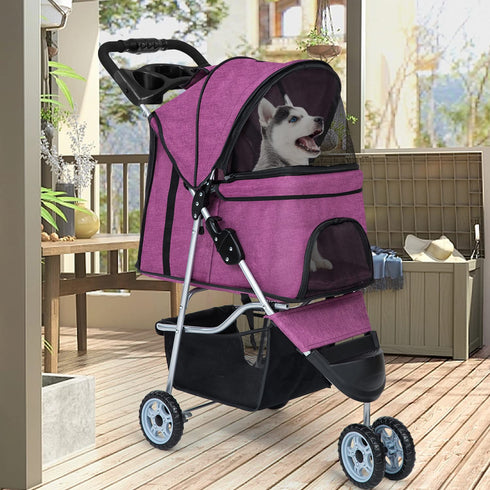 3Wheels BestPet Pet Dog Stroller for Folding Lightweight Cat Travel Stroller with Cup Holder,Purple