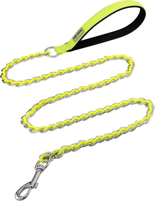 Chain Dog Leash, Chew Proof Metal Leash for Medium Large Dogs, 4FT Anti Chew with Soft Padded Handle, Yellow 3.0