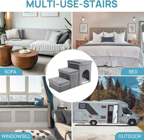 Foldable Pet Stairs for Beds & Sofas - Non-Slip Dog Steps with Storage for Small to Medium Dogs & Cats, 120 lbs Support