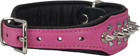 Dogs My Love Spiked Studded Genuine Leather Dog Collar, 1.75" Wide, 12-14.5" Neck, Pink/Black