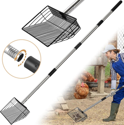 10inch Large Metal Chicken Poop Scooper, 24 to 68" Long Chicken Coop