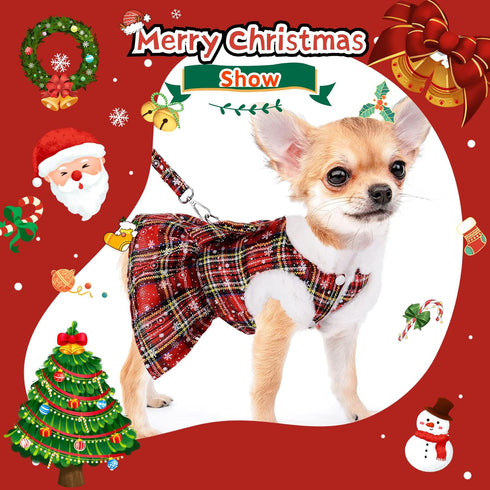 Dog Christmas Sweater Xmas Dog Sweaters for Medium Dogs Girl Winter Puppy Dress with Leash Set Winter Pet Clothes Outfit Red Plaid Doggy Costume Warm Cat Apparel Clothing (Medium, Red)