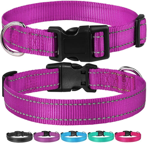 Reflective Dog Collar with Buckle, Adjustable Safety Nylon Collars for Small Medium Large Dogs, Purple S