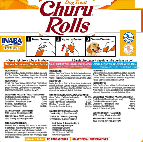 0.42 (8 Pack), 3 Pack (48 INABA Churu Rolls for Dogs, Grain-Free, Soft/Chewy Baked Chicken Wrapped Churu Filled Dog
